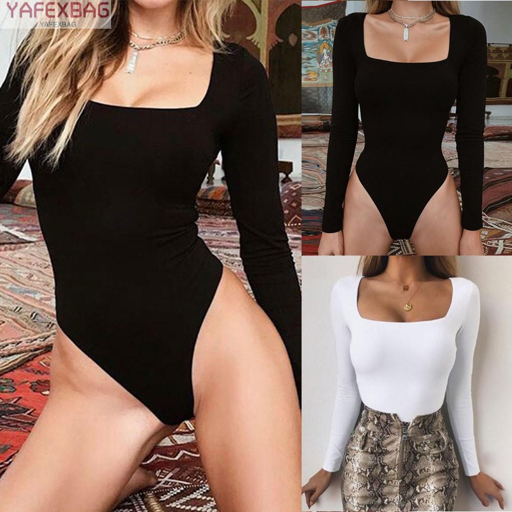 Top Long Sleeve Plain Romper Solid Color Stretch White/Black Women Bodycon