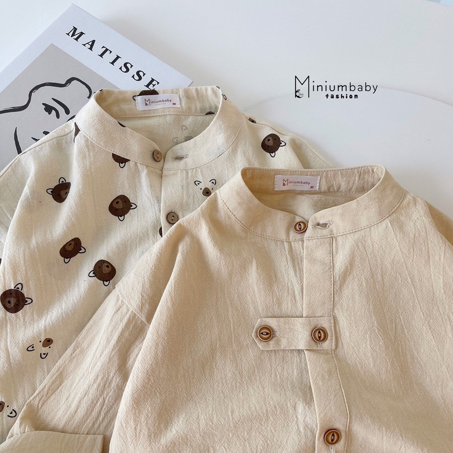 Áo sơ mi dài tay thu đông cổ tàu in gấu cho bé trai chất liệu thô boi, bộ quần áo trẻ em miniumbabyfashion A1389