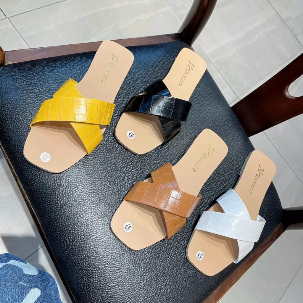 Dép nữ đế bệt quai chéo vân cá xấu nhiều màu xinh xắn dễ thương mã DQC01 MINHTUYETSHOES