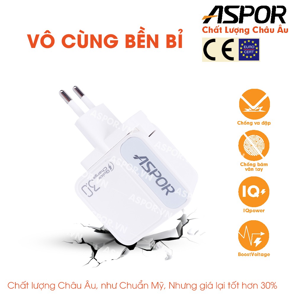 Củ Sạc PowerPort+ 1 cổng 18w Quick Charge 3.0 ,cốc sạc nhanh Aspor A828,hàng chính hãng