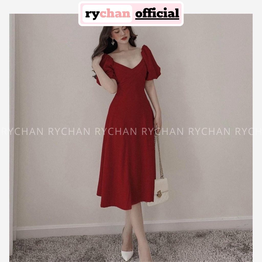 Đầm Đỏ Dự Tiệc Nữ Dáng Dài Cổ Tim Tay Phồng Bo Eo Cực Tôn Da [ẢNH THẬT CUỐI] - DX9742