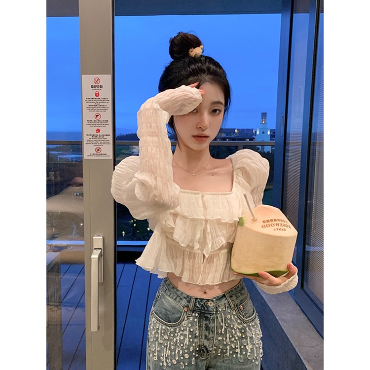 Áo Nữ Dài Tay Cổ Vuông Xếp Ly Thời Trang
