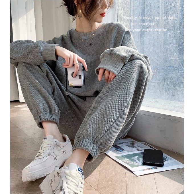 Bộ đồ thu đông nữ cao cấp Vavasa dáng rộng chất len tổ ong, Set bộ ngủ tổ ong mặc nhà áo thụng quần dài dày dặn B01