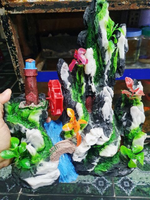 CẢNH NÚI CÓ BÁNH QUAY TRANG TRÍ HỒ CÁ NON BỘ 24x12x25cm