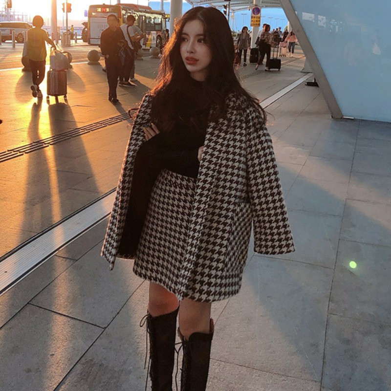 Sét áo váy dạ phong cách houndstooth retro sang chảnh Ulzzang Hàn Quốc A106