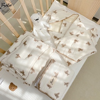 Bé bé - set bộ chăn, gối đầu, gối chặn, chăn ủ họa tiết gấu đậm cho bé