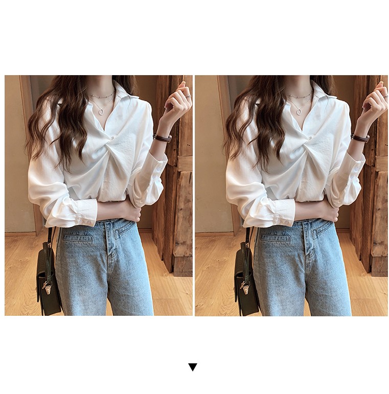 Áo sơ mi tay dài cổ chữ V thiết kế thắt nút thời trang cho nữ