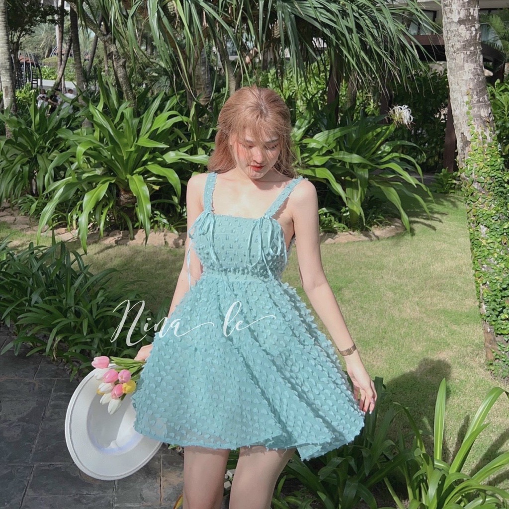 Váy đầm nữ dáng xòe voan lông vũ hai dây nơ lưng dễ thương