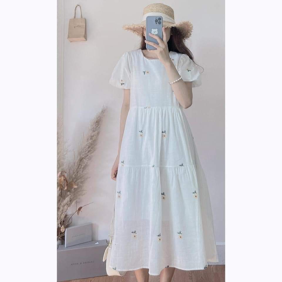 Đầm Váy babydoll hoa nhí vintage 2 lớp tay bồng tiểu thư xinh xắn