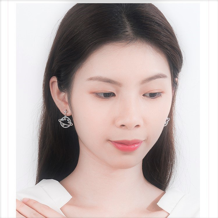 Khuyên tai bạc hình địa cầu đính đá, bông tai nữ bạc ta S925