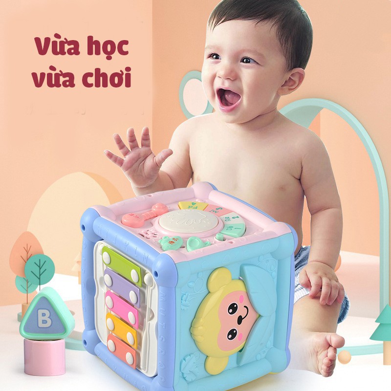 Hộp đồ chơi trí tuệ 6 mặt đa năng có phát nhạc, đàn, ghép hình, trò chơi thông minh cho bé trai bé gái