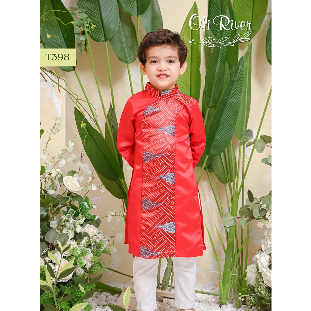Áo dài bé trai OLI RIVER gấm lụa đỏ vân mây siêu hot cho bé từ 1 - 10 tuổi - T398