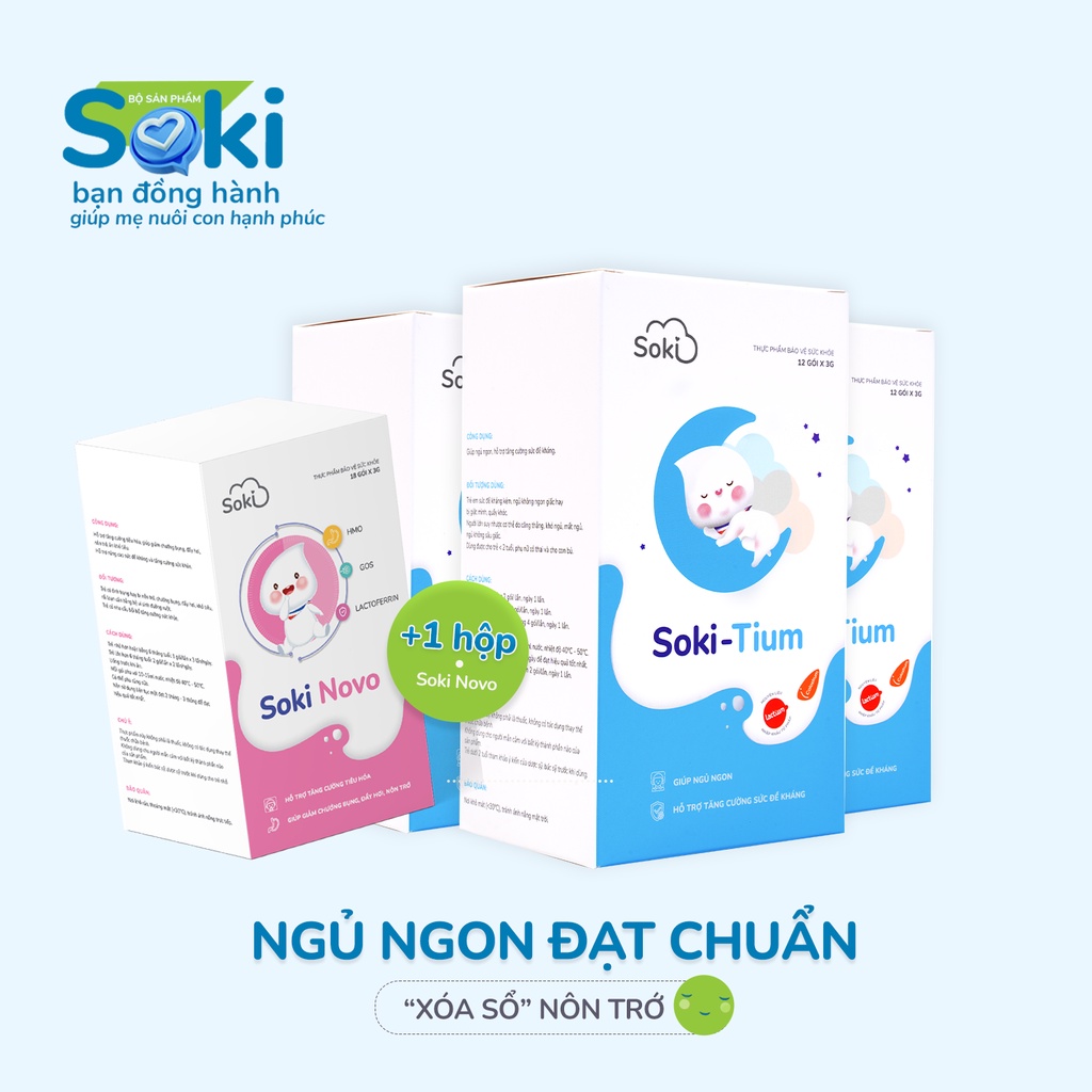 Bộ đôi ngủ ngon tiêu hóa tốt, giảm nôn trớ cho bé Soki Tium (3 hộp) + Soki Novo (1 hộp)