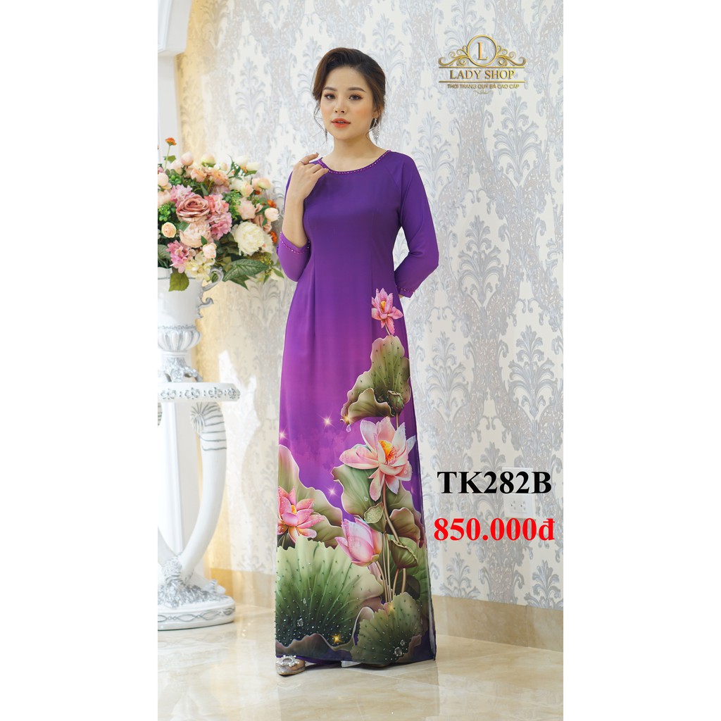 Áo dài trung niên thời trang quý bà cao cấp - Ladyshop - Áo dài tím hoa sen đính đá TK282