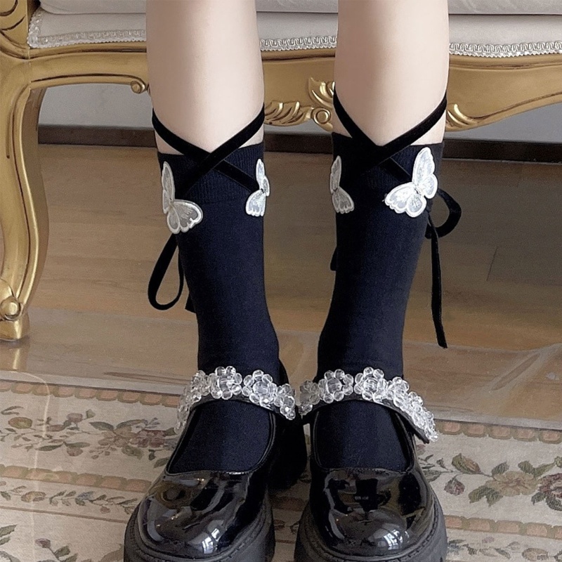 Vớ Cotton Cổ Thuyền Cột Dây Họa Tiết Bướm 3D Phong Cách Lolita Cho Nữ
