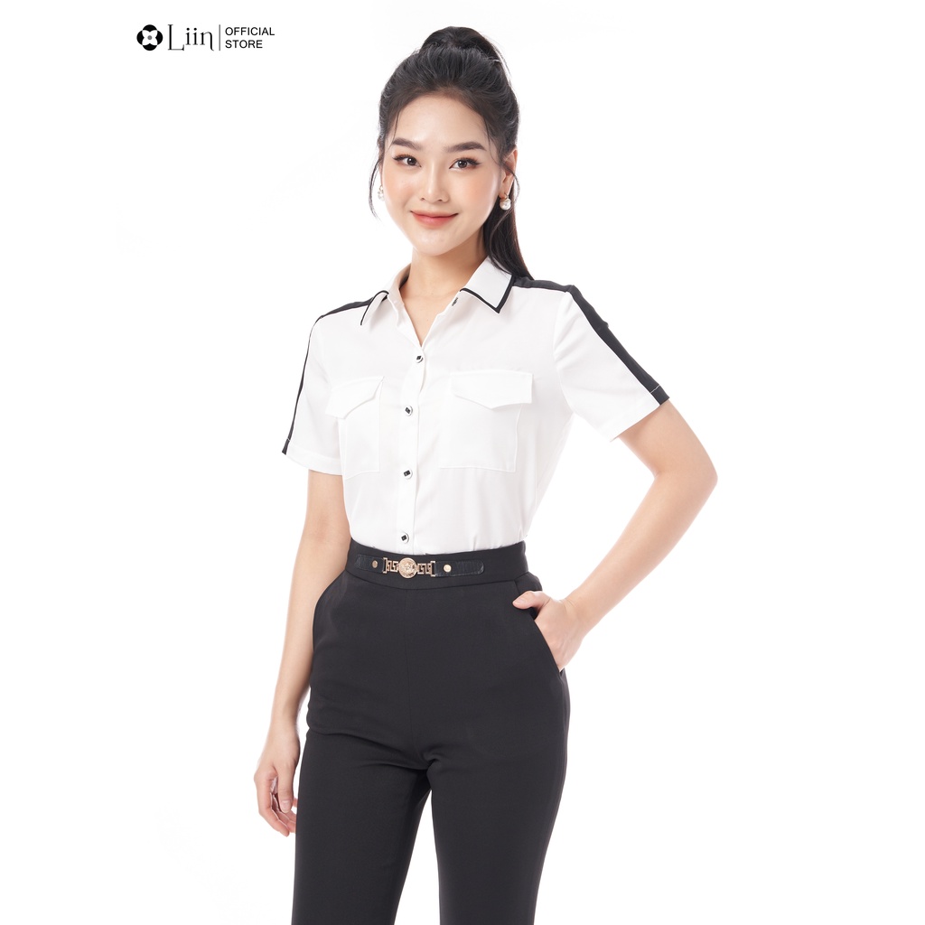 Áo sơ mi nữ ngắn tay linbi màu trắng mix kẻ vai đen tôn da chất vải mát, mềm mịn liin clothing SM4340