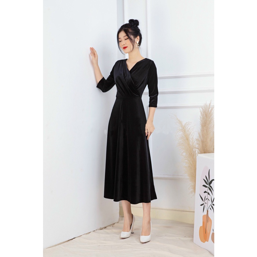 VÁY NHUNG CHÉO NGỰC DÁNG DÀI, ĐẦM NHUNG CAO CẤP