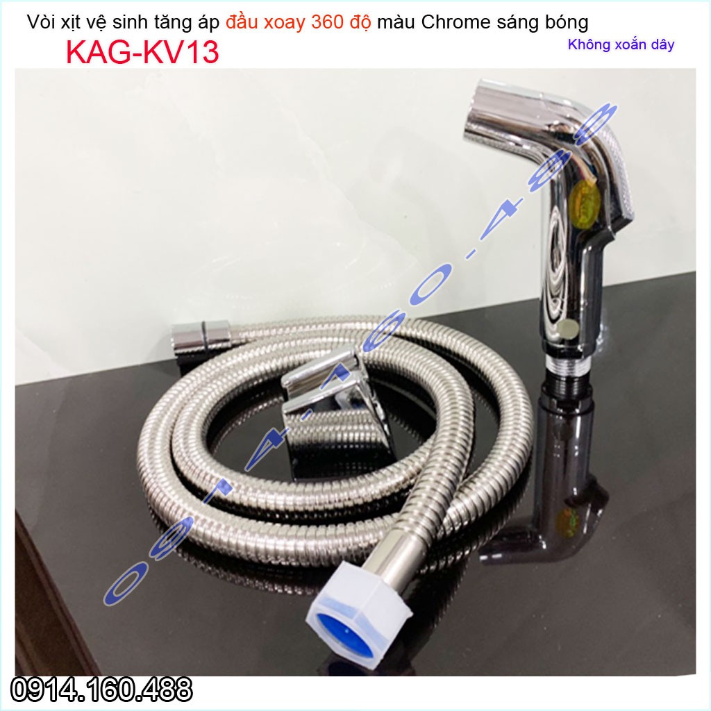 Vòi xịt vệ sinh KAG-KV13 xoay 360 độ dây không xoắn, vòi rửa ấn tay bồn cầu Crom bóng tia nước mạnh chịu áp lực