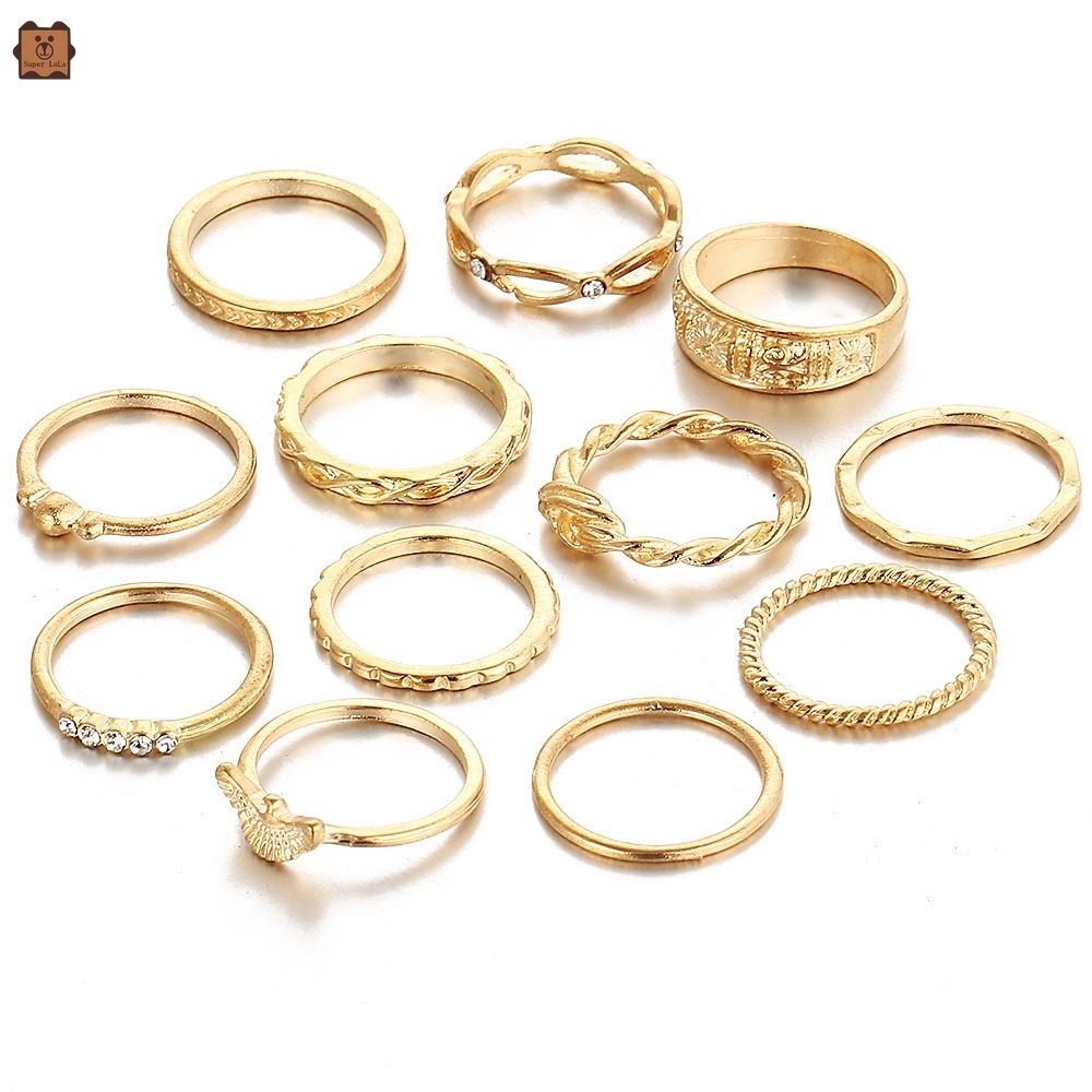 Set 12 nhẫn đốt ngón tay mạ vàng mini phong cách Boho cá tính vintage cho nữ