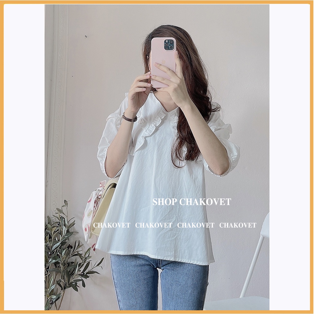 Áo sơ mi nữ tay ngắn form rộng A873 cổ chữ V, tay bồng retro kiểu pháp thiết kế sang trọng hàng đẹp mặc đi làm đi học | BigBuy360 - bigbuy360.vn