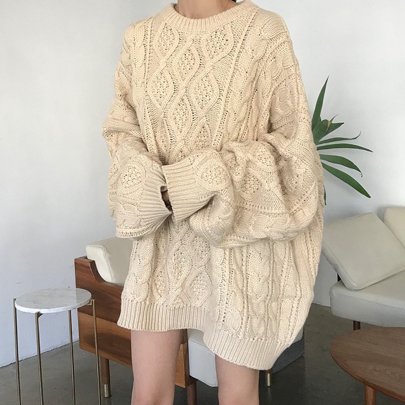 Áo sweater tay dài dáng rộng phong cách thời trang Hàn retro