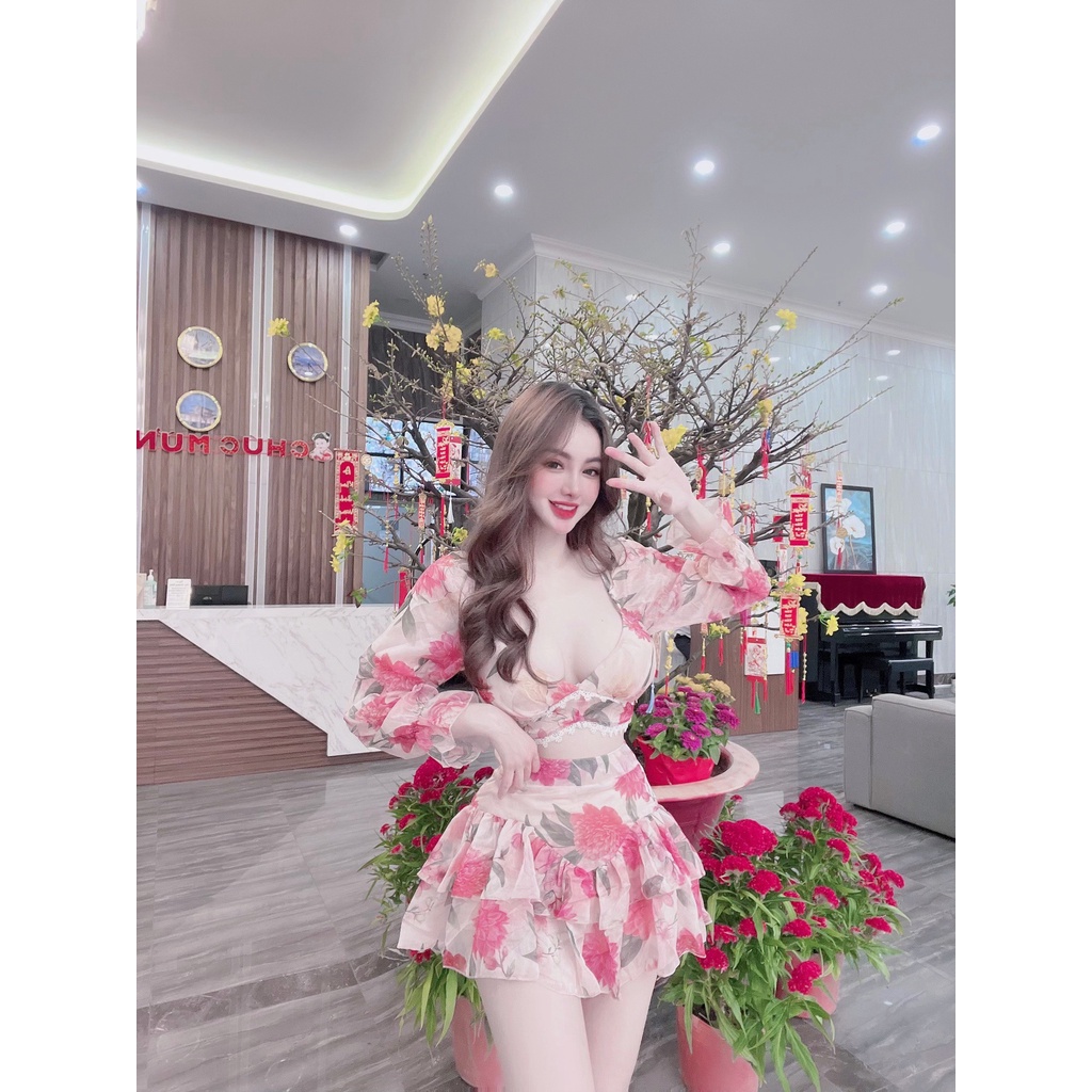 [CH31] Set Váy Hoa Voan Dáng Xòe Tầng Tay Dài Lưng Thun Phối Ren Chân Ngực - Vải Chiffon - 2 Màu Hồng, Xanh - ẢNH THẬT-1