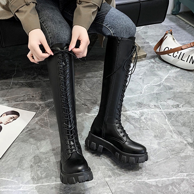 Giày bốt IELGY cổ cao thắt dây phối khóa kéo phong cách đường phố thời trang cá tính dành cho nữ