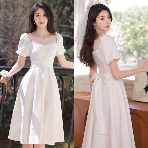 Váy trắng dự tiệc dáng dài cổ vuông chính hãng(2 lớp), đầm cô dâu đi bàn đơn giản sang chảnh_Deloga