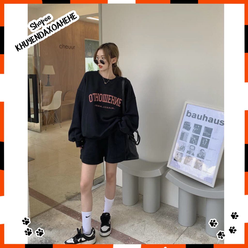 SQ013 Bộ quần áo nỉ thể thao dáng rộng đùi sooc OTHOWEHNE tay bo oversize, Set áo hoodie sweater  dài tay và quần short