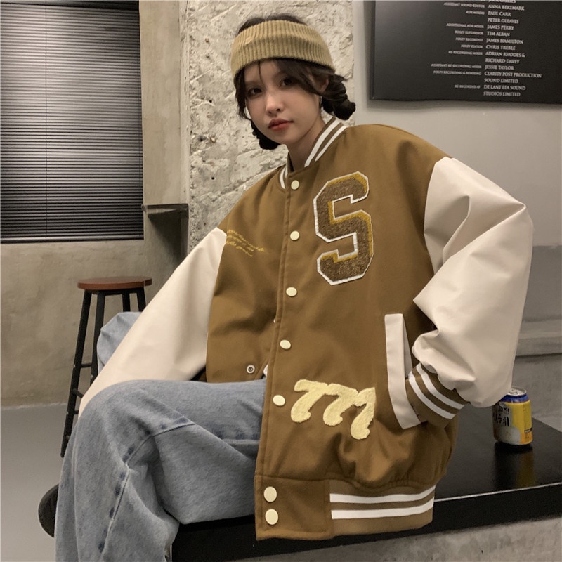 【ZHELIHANGFEI】Áo Khoác Bóng Chày Tay Dài Form Rộng Theo Phong Cách Preppy Mỹ Dễ Phối Đồ