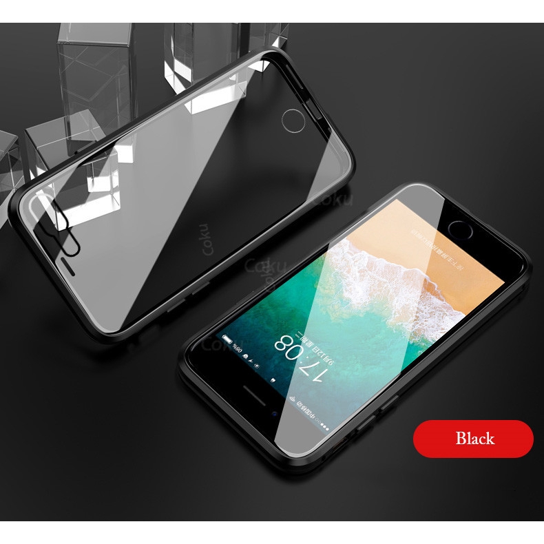 Ốp điện thoại kính cường lực hai mặt viền nhôm nam châm 360 độ cho iPhone 7 8 PLUS X XR XS MAX