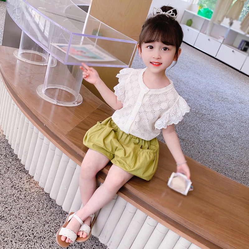 Bộ Áo Ren Tay Bay + Quần Bí Ngô Dễ Thương Thời Trang Mùa Hè Phong Cách Hàn Quốc Cho Bé Gái