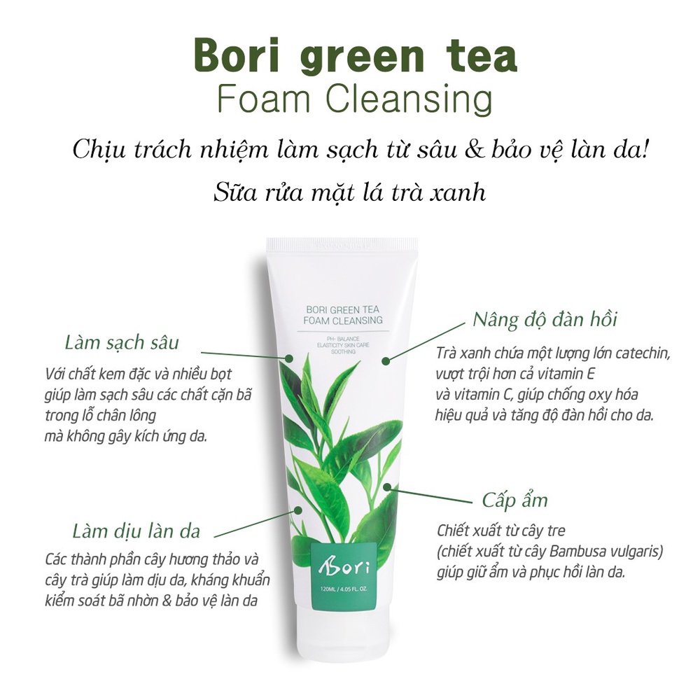 Sữa Rửa Mặt Chiết Xuất Trà Xanh Kiểm Soát Bã Nhờn, Ngừa Mụn - Bori Green Tea Foam Cleansing 120ml