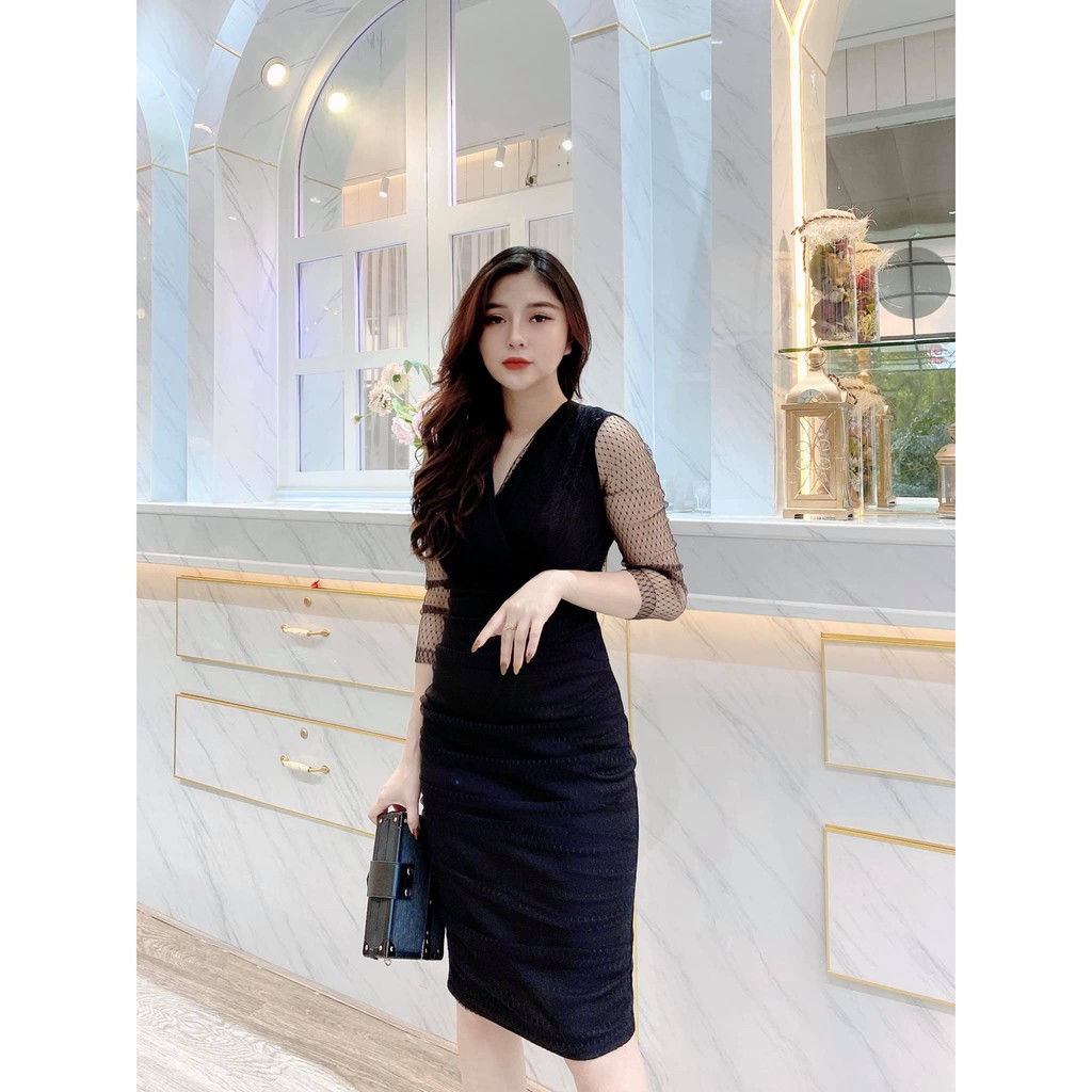 Váy body đen, trắng cổ tim phối tay và mặt trước zen cao cấp Nancy A4 | BigBuy360 - bigbuy360.vn