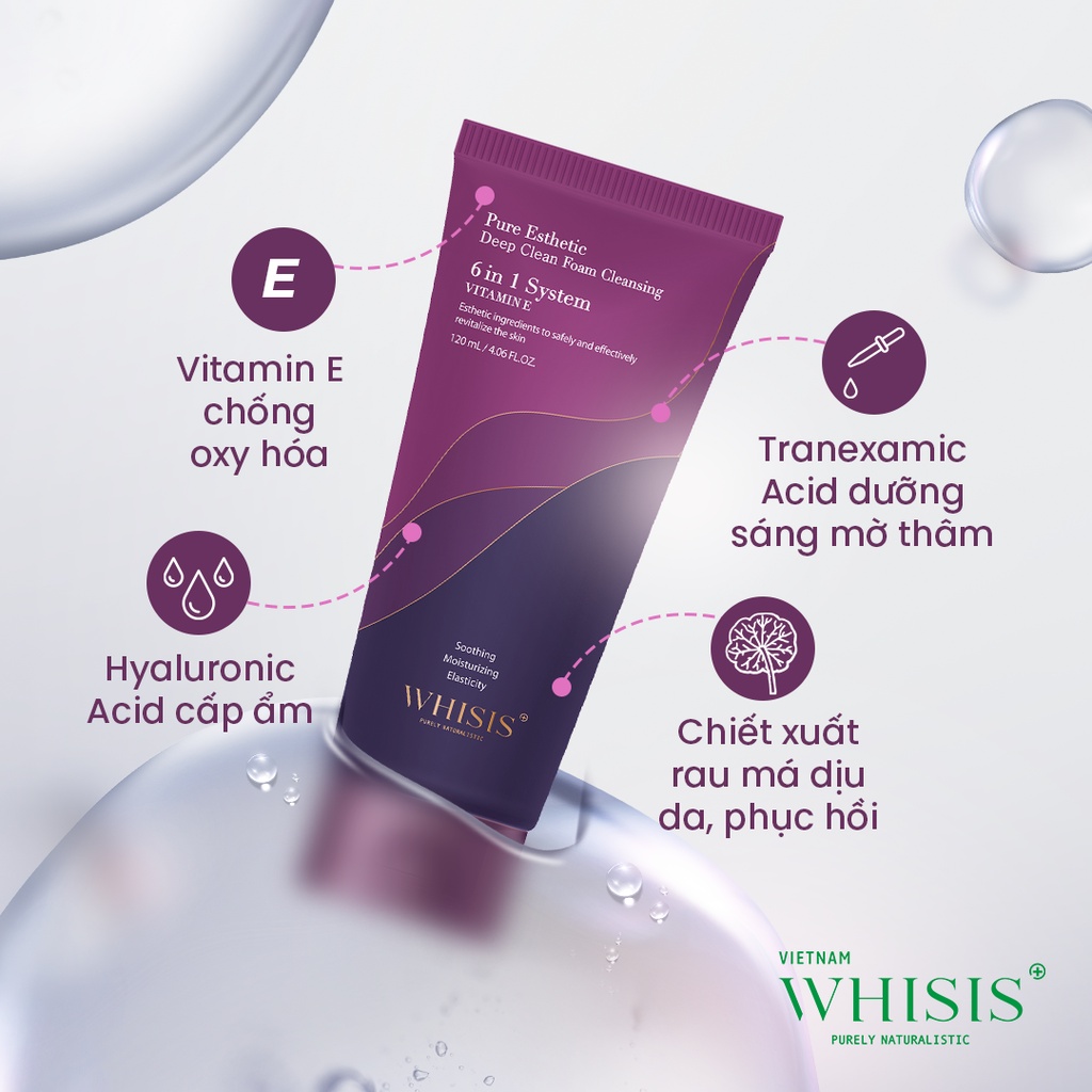 Sữa Rửa Mặt Trắng Da Dịu Nhẹ Vitamin E Hàn Quốc WHISIS Pure Esthetic Deep Clean Foam Cleansing Cho Mọi Loại Da 120ml