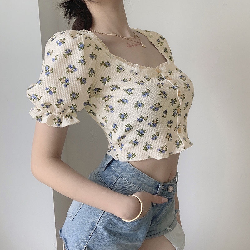 Áo Croptop Cổ Vuông Tay Phồng Họa Tiết Hoa Phong Cách Retro Thời Trang Cho Nữ