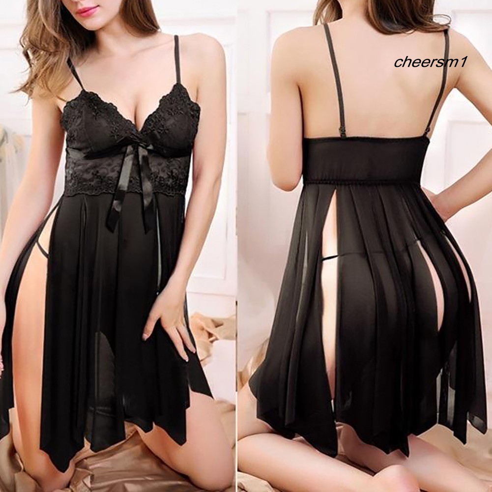 Sexy Women Nightgown Strappy Deep V Gauze See-Through Slit Dress Thong Underwear | BigBuy360 - bigbuy360.vn