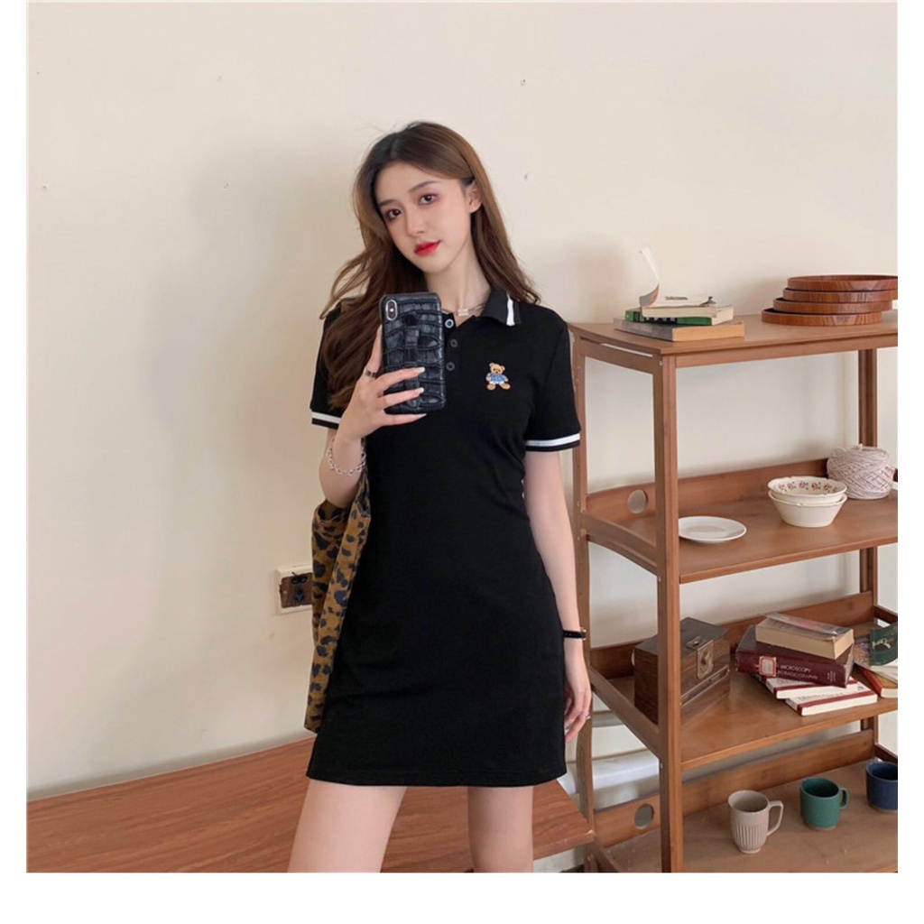 Váy Polo Thêu Gấu Dream Hồng Đen Trắng - Đầm Polo Cộc Tay Lỡ Dáng Suông Bear Teddy