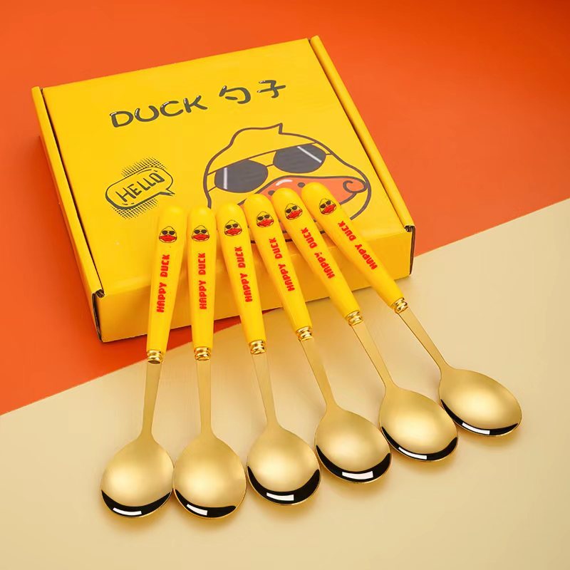 Bộ 6 thìa inox mạ vàng Vịt vàng Duck cán dài muỗng ăn ngộ nghĩnh có hộp