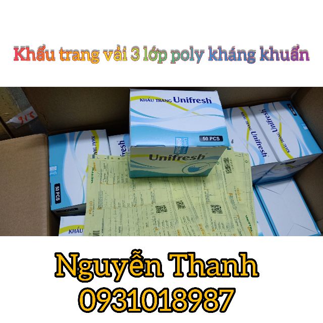 Hộp 50c khẩu trang vải 3lớp poly kháng khuẩn Unifresh