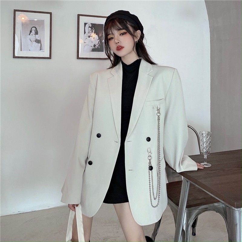 [SIÊU SALE] Áo Vest Blazer Thiết Kế Phong Cách Hàn Quốc Cá Tính Màu Trắng Kem Kèm Dây Xích | BigBuy360 - bigbuy360.vn