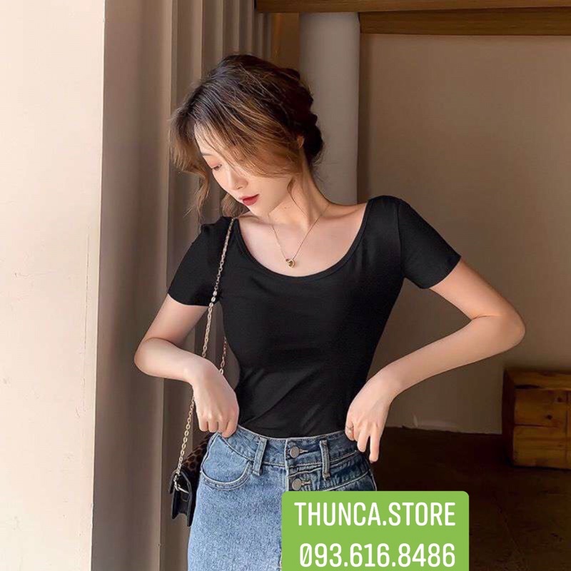 Áo thun cổ vuông tròn tay ngắn, Áo thun cổ u dáng ôm tay cộc thời trang nữ phong cách basic A215