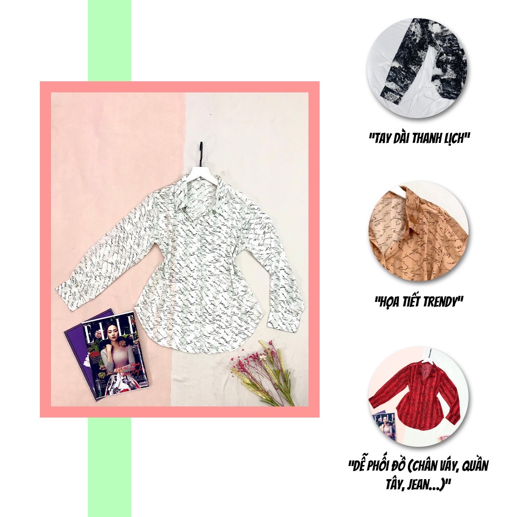 Áo kiểu nữ tay dài SBORG áo sơ mi chất lụa mềm mát thanh lịch sang trọng họa tiết trendy freesize dưới 60kg quà tặng vợ