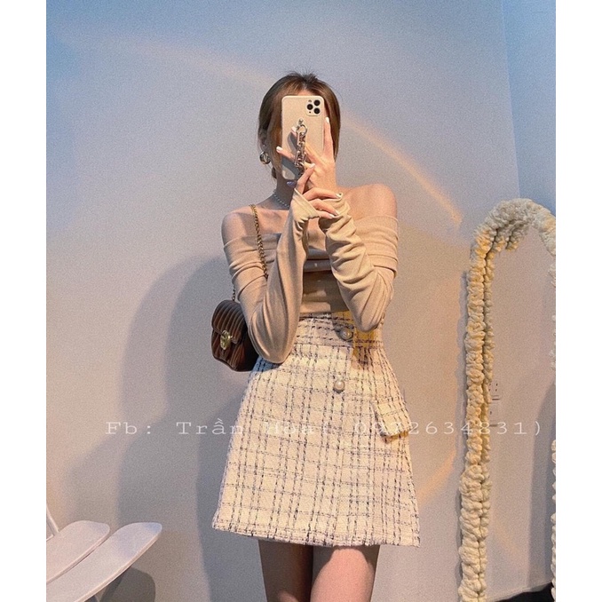 Set áo nhung tăm trễ vai mix chân váy dạ kẻ siêu xinh | BigBuy360 - bigbuy360.vn