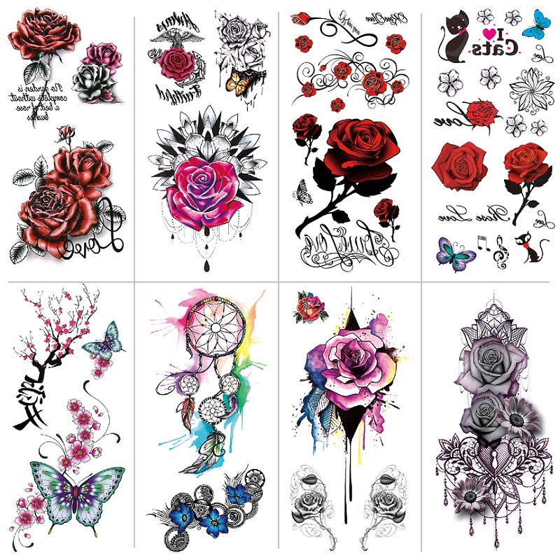 Hình Xăm Dán Tạm Thời Chống Nước Hình Hoa Hồng Đỏ Dream Catcher Cho Nam Nữ