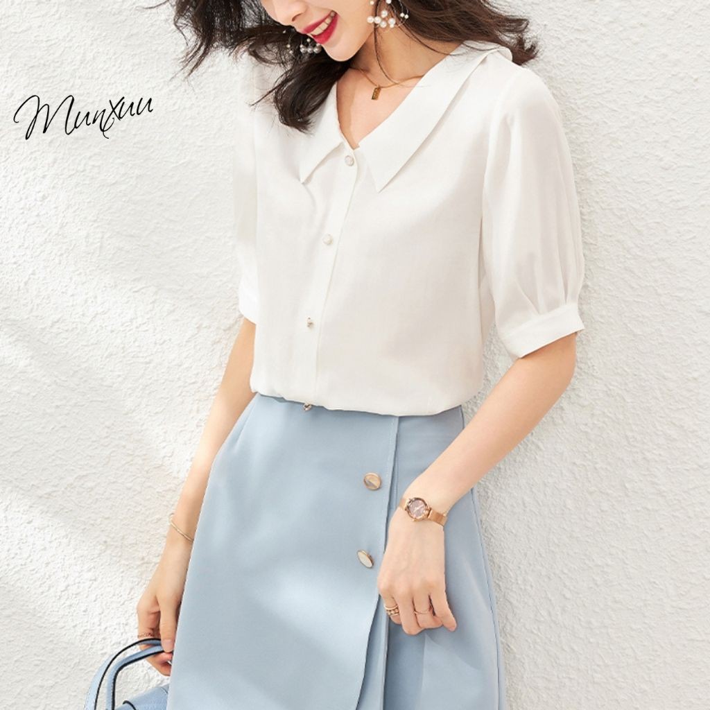 Áo sơ mi trắng nữ MUNXUU thiết kế phong cách công sở dáng trơn, tay áo lỡ nhẹ nhàng thanh lịch - SP09