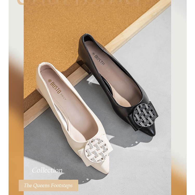 Giày cao gót Dusto mũi đính khuy tròn, gót vuông 4cm