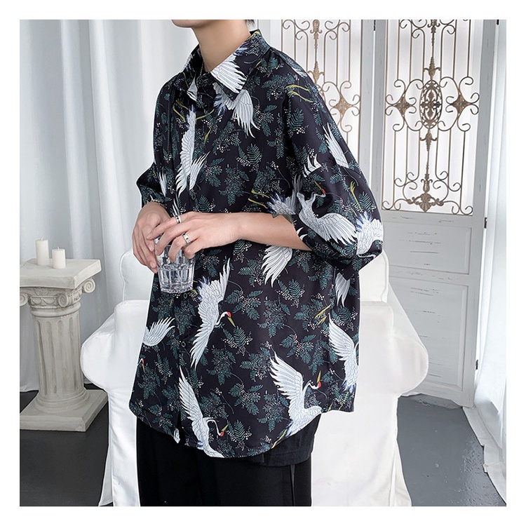 Áo Sơ Mi Tay Ngắn Dáng Rộng In Hình Chim Hạc Kiểu Nhật Bản Cá Tính Cho Nam