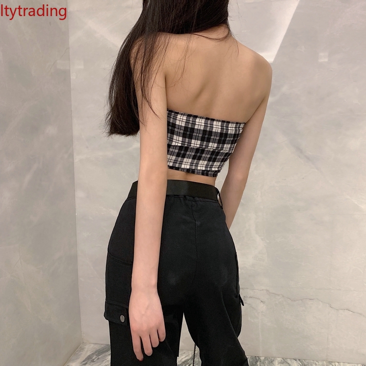 DUNEA Áo ống ôm ngực dây kéo họa tiết trắng đen quyến rũ cho nữ