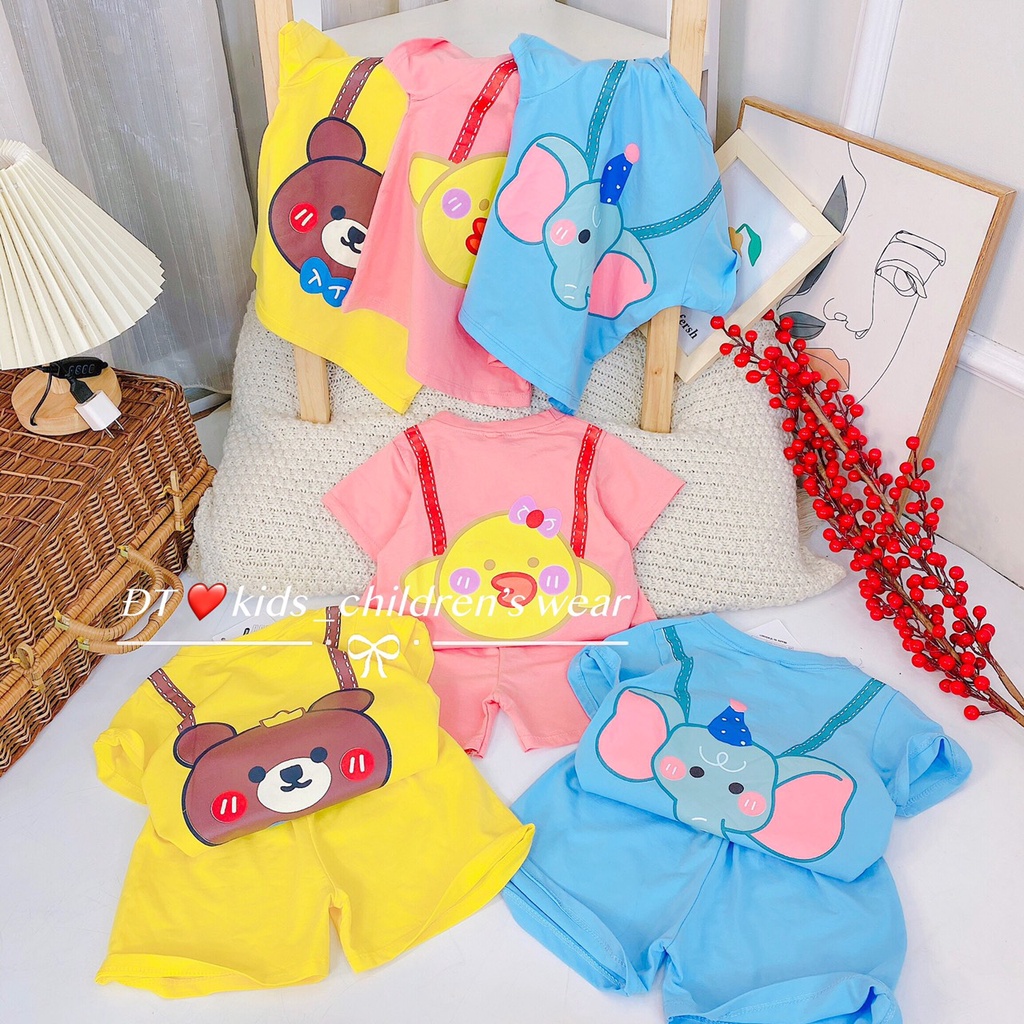 Bộ quần áo bé trai, bé gái, bộ cộc tay chất cotton thú đeo lưng đáng yêu cho bé